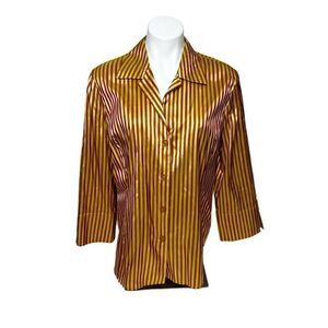 Linda Allard Ellen Tracy iridescent gold and copper striped silk button up blous